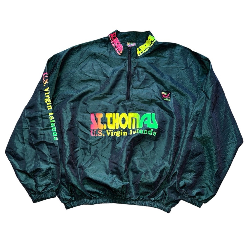 Vintage 90s Surf Style Green 1/4 Zip Windbreaker St. Thomas USVI OSFM